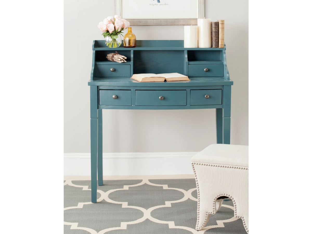 Blue writing desk with drawers discount