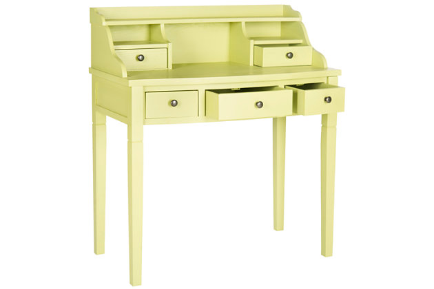 Get organized with help from the Landon 5-drawer writing desk. In vintage casual style, this attractive desk fast-forwards the old-fashioned roll top desk into the 21st century with a chic green finish. Use it in a home office, bedroom, den, or perhaps in the kitchen as the kids' workstation. Its drawers and storage cubbies provide space for keeping all of your essentials within reach.Made of wood and engineered wood | Split pea finish | Zinc-tone hardware | 5 drawers, 2 storage cubbies, top shelf | Assembly required