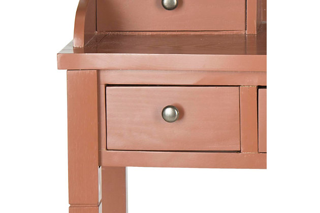 Get organized with help from the Landon 5-drawer writing desk. In vintage casual style, this attractive desk fast-forwards the old-fashioned roll top desk into the 21st century with a chic brown finish. Use it in a home office, bedroom, den, or perhaps in the kitchen as the kids' workstation. Its drawers and storage cubbies provide space for keeping all of your essentials within reach.Made of wood and engineered wood | Henna brown finish | Zinc-tone hardware | 5 drawers, 2 storage cubbies, top shelf | Assembly required