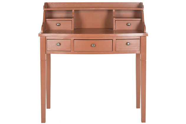 Get organized with help from the Landon 5-drawer writing desk. In vintage casual style, this attractive desk fast-forwards the old-fashioned roll top desk into the 21st century with a chic brown finish. Use it in a home office, bedroom, den, or perhaps in the kitchen as the kids' workstation. Its drawers and storage cubbies provide space for keeping all of your essentials within reach.Made of wood and engineered wood | Henna brown finish | Zinc-tone hardware | 5 drawers, 2 storage cubbies, top shelf | Assembly required