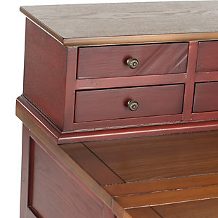 Work in style and convenience with the Abigail 7-drawer fold down desk. Modeled after an antique roll top desk, but with 21st century appeal, this desk is charming and functional. Its fold-down top gives you the option of opening up an instant workspace when needed. Six small drawers are ideal for organizing desk supplies and the large bottom drawer is handy for keeping notepads and more within reach. The honey oak writing surface beautifully contrasts with the cherry finish. Designed for small spaces, this desk is perfect for creating an instant office in the bedroom, kitchen, guest room or anywhere in between.Made of veneers, wood and engineered wood | Egyptian red oak finish | Zinc-tone hardware | Fold-down top, 7 drawers | Assembly required