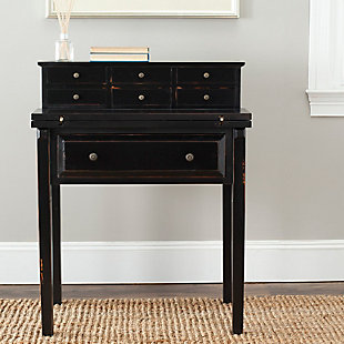 Work in style and convenience with the Abigail 7-drawer fold down desk. Modeled after an antique roll top desk, but with 21st century appeal, this desk is charming and functional. Its fold-down top gives you the option of opening up an instant workspace when needed. Six small drawers are ideal for organizing desk supplies and the large bottom drawer is handy for keeping notepads and more within reach. You'll love the distressed black finish, which provides a new twist on traditional style. Designed for small spaces, this desk is perfect for creating an instant office in the bedroom, kitchen, guest room or anywhere in between.Made of veneers, wood and engineered wood | Distressed black finish | Zinc-tone hardware | Fold-down top, 7 drawers | Assembly required