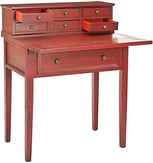 Work in style and convenience with the Abigail 7-drawer fold down desk. Modeled after an antique roll top desk, but with 21st century appeal, this desk is charming and functional. Its fold-down top gives you the option of opening up an instant workspace when needed. Six small drawers are ideal for organizing desk supplies and the large bottom drawer is handy for keeping notepads and more within reach. You'll love the red finish, which is steeped in traditional style. Designed for small spaces, this desk is perfect for creating an instant office in the bedroom, kitchen, guest room or anywhere in between.Made of veneers, wood and engineered wood | Egyptian red finish | Zinc-tone hardware | Fold-down top, 7 drawers | Assembly required