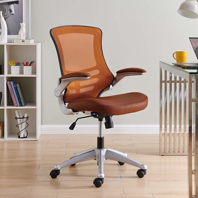 Taking you where you need when you need it most. The Attainment office chair is a form-fitting ergonomic chair made from the most revolutionary advances in seating today. The breathable mesh back is curved to assist back and shoulder posture, while the lower frame provides exemplary lumbar support. With flip-up arms and a faux leather padded waterfall seat, enjoy your work from a place of comprehensive comfort.Sponge seat covered with black faux leather | Breathable mesh back | Flip-up padded arms | Seat tilt with tension control | Adjustable seat height | Dual-wheel casters | Assembly required