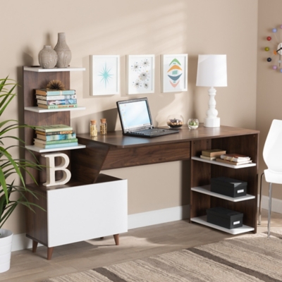 Baxton Studio Tobias Storage Computer Desk with Shelves, White/Brown