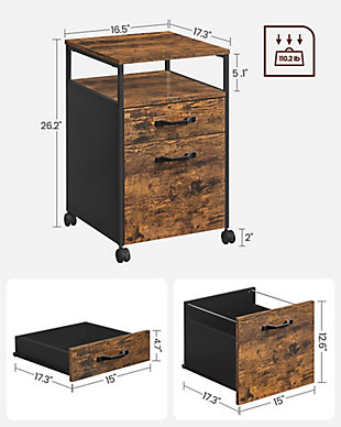 Practical and unique,  this file cabinet provides a spacious top and open cubby for your printer, fax machine, scanner and more. A combination of rustic brown particleboard panels and a black steel frame give this cabinet great durability and stability. The wide, deep file drawer is equipped with two movable hanging rods, to hold letter size and legal size documents. This retro industrial style cabinet, with casters for easy mobility, blends well with any home office decor.Made of particleboard | Steel frame | 2 drawers and open shelf | Casters for easy mobility; 2  locking | 360-degree swivel | Assembly required
