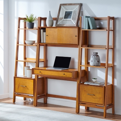 Tobias Mid-Century Modern Two-Tone White and Walnut Brown Finished Wood  Storage Computer Desk with Shelves