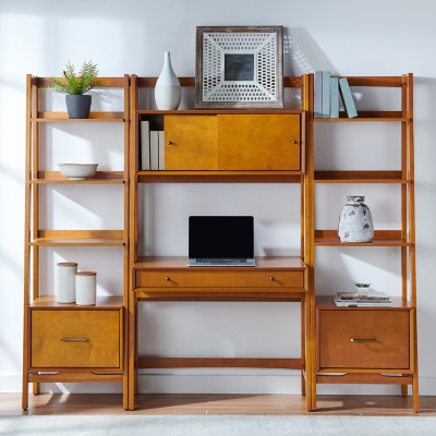 Tobias Mid-Century Modern Two-Tone White and Walnut Brown Finished Wood  Storage Computer Desk with Shelves