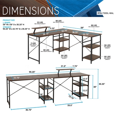 Techni Mobili Reversible L-Shape Computer Desk with Drawers and File Cabinet, Walnut