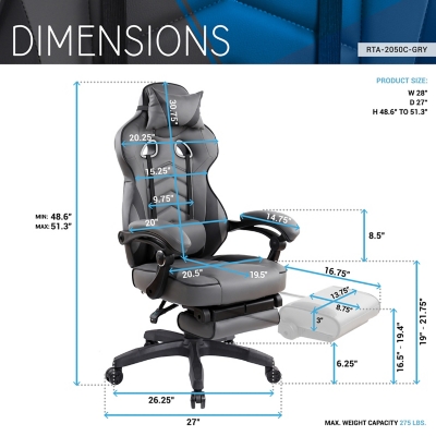 Dimensions diagram of reclining chair with measurements