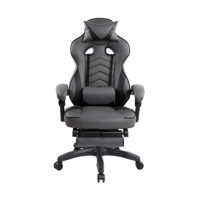 Close-up of recliner gaming chair with footrest and gray upholstery
