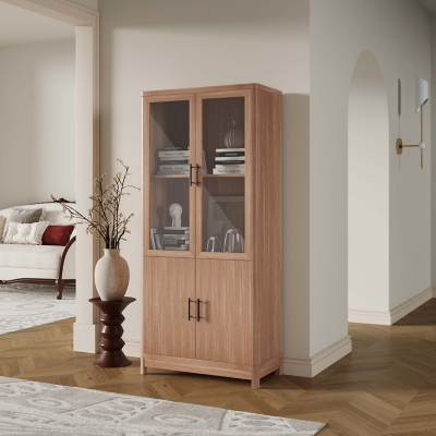 Manhattan Comfort Jodie 68" Bookcase With Tempered Glass Doors, Maple, rollover