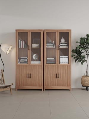 Manhattan Comfort Jodie 68" Bookcase With Tempered Glass Doors (Set of 2), Maple, rollover