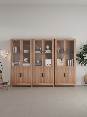 Manhattan Comfort Jodie 68" Bookcase With Tempered Glass Doors (Set of 3), Maple, rollover