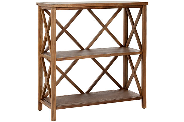 Relatively small but mighty handy, this 2-tier bookcase is so multifunctional; be it in the office, bedroom or powder room. Clean-lined design with X-back styling is simply striking. Medium oak finish is warm and richly rustic.Made of wood | Medium oak finish | 2 shelves | Assembly required