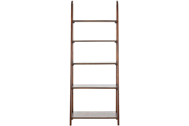 Inspired by the classic library ladder—but sporting a contemporary A-line profile—this 5-tier etagere merges the best of then and now. Display photos, keepsakes, books and more on this highly versatile piece with staggered shelving and a rich dark teak finish.Made of wood | Dark teak finish | 5 staggered shelves | Assembly required