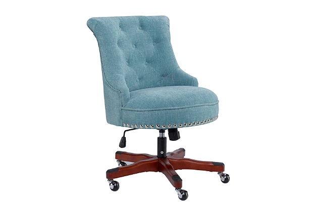 Bring vintage style and function to your office with this plush office chair. Upholstered in an aqua fabric with a button tufted back, it's accented with silvertone nailhead trim. A dark walnut-tone finished wood base has metal casters for ease of mobility—perfect for a home work space or the office.Made of pine wood and rubberwood | Dark walnut-tone wood base | Metal casters | Polyester upholstery | Button-tufted back | Ca fire foam cushion | Gas lift mechanism for seat height adjustability | Silvertone nailhead trim