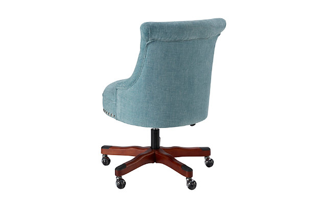 Bring vintage style and function to your office with this plush office chair. Upholstered in an aqua fabric with a button tufted back, it's accented with silvertone nailhead trim. A dark walnut-tone finished wood base has metal casters for ease of mobility—perfect for a home work space or the office.Made of pine wood and rubberwood | Dark walnut-tone wood base | Metal casters | Polyester upholstery | Button-tufted back | Ca fire foam cushion | Gas lift mechanism for seat height adjustability | Silvertone nailhead trim