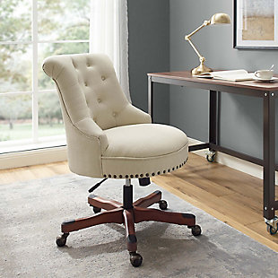 Work comfortably in the vintage beauty of this plush office chair. Upholstered in a beige rice fabric, this seat has a beautiful button tufted back with burnished brass-tone nailheads. A cherry-tone finished wood base has metal casters for ease of mobility. This chair is sure to bring eye-catching interest and function to any work area—perfect for a home work space or the office.Made of pine wood and rubberwood | Cherry-tone base | Metal casters | Polyester upholstery | Button-tufted back | CA fire foam cushion | Gas lift mechanism for seat height adjustability with BIFMA standard | Burnished brass-tone nailhead trim | Some assembly required