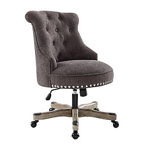 Work comfortably in the vintage beauty of this plush office chair. Upholstered in a charcoal gray fabric, this seat has a beautiful button tufted back with silvertone nailheads. A washed wood finish base has metal casters for ease of mobility. This chair is sure to bring eye-catching interest and function to any work area—perfect for a home work space or the office.Made of pine wood and rubberwood | Wood base with washed finish | Metal casters | Polyester upholstery | Button-tufted back | Ca fire foam cushion | Gas lift mechanism for seat height adjustability with bifma standard | Silvertone nailhead trim