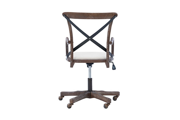 Add a blend of traditional and modern style to your workspace with this stylish office chair. Its gray washed wood finish is accented by the black metal X back accent and neutral fabric seat. Antique brass-tone casters make for easy mobility around your office. The adjustable seat height allows the chair to easily work with a variety of desk and table heights.Made of oak wood | Gray washed finish | Metal casters with brass-tone finish | Polyester/linen upholstery | Adjustable seat height | Some assembly required
