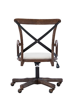 Add a blend of traditional and modern style to your workspace with this stylish office chair. Its gray washed wood finish is accented by the black metal X back accent and neutral fabric seat. Antique brass-tone casters make for easy mobility around your office. The adjustable seat height allows the chair to easily work with a variety of desk and table heights.Made of oak wood | Gray washed finish | Metal casters with brass-tone finish | Polyester/linen upholstery | Adjustable seat height | Some assembly required