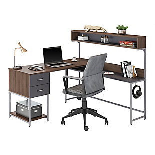Techni Mobili L-Shape Desk with Hutch and Storage, Walnut, Walnut, large