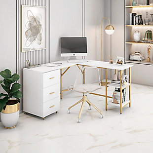 Techni Mobili L-Shape Home Office Desk with Storage, Gold, Gold, rollover