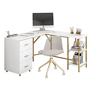 Techni Mobili L-Shape Home Office Desk with Storage, Gold, Gold, large