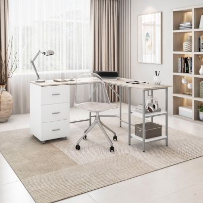 Techni Mobili L-Shape Home Office Desk with Storage, Sand, Sand, rollover
