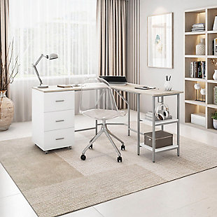 Techni Mobili L-Shape Home Office Desk with Storage, Sand, Sand, rollover