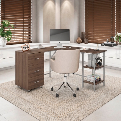 Techni Mobili L-Shaped Desk with Storage, Walnut