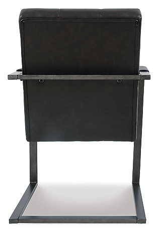 For fans of urban industrial design, the Starmore chair steals the show. Chair’s metal C-frame in a blackened gunmetal finish is sleek, sculptural and ultra modern. Crafted for looks and comfort, the tufted box seat, wrapped in a “weathered” faux leather upholstery, is loaded with retro chic flair. Whether paired with Starmore’s home office desk or dining room table, it’s a feast for the eyes.Metal frame with blackened gunmetal finish | Boxed style seat | Tufted faux leather upholstery over thick foam cushion | Estimated Assembly Time: 30 Minutes