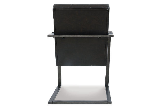 For fans of urban industrial design, the Starmore chair steals the show. Chair’s metal C-frame in a blackened gunmetal finish is sleek, sculptural and ultra modern. Crafted for looks and comfort, the tufted box seat, wrapped in a “weathered” faux leather upholstery, is loaded with retro chic flair. Whether paired with Starmore’s home office desk or dining room table, it’s a feast for the eyes.Metal frame with blackened gunmetal finish | Boxed style seat | Tufted faux leather upholstery over thick foam cushion | Estimated Assembly Time: 30 Minutes