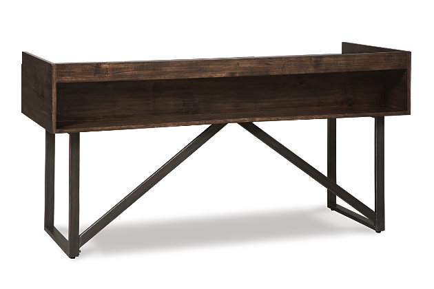 For fans of urban industrial design, the Starmore desk steals the show. Tabletop is crafted with a mix of acacia veneer and wood beautified with an oiled walnut-tone finish. Sleek tubular metal frame and linear, large-scale pulls pull it all together. Cutout shelf on desk’s front side incorporates added dimension.Made of acacia veneers, wood and engineered wood | Dark bronze-tone tubular metal legs and pulls | 3 smooth-gliding drawers with dovetail construction | Estimated Assembly Time: 15 Minutes