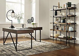 For fans of urban industrial design, the Starmore L-shaped desk steals the show. Top is crafted with a mix of acacia veneer and wood beautified with an oiled walnut-tone finish. Incorporation of sleek tubular metal frame and linear, large-scale pulls pull it all together. Includes desk and desk return | Top made of acacia veneers, wood and engineered wood in oil-rubbed walnut finish | Metal base and hardware in bronze-tone finish | Return with 2 smooth-gliding drawers | Desk with drop-front drawer | Built-in power station with 2 AC electrical plug-ins and 2 USB slots | Power cord included; UL-listed | Assembly required | Estimated Assembly Time: 50 Minutes