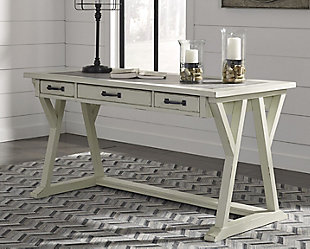 Can’t decide between farmhouse or industrial style? Make a striking compromise with the Jonileene home office desk. Generously scaled and loaded with charm, it includes a trio of smooth-gliding drawers to help you stay organized. Faux cement top adds another layer of interest.Made of veneers, wood and engineered wood with faux cement cabinet top | Distressed white finish | 3 smooth-gliding drawers | Dark gray finished hardware | Estimated Assembly Time: 30 Minutes