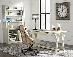 Why play it safe when you can play it cool. With its “deconstructed” styling, this swivel desk chair takes a decidedly different turn on home office furniture. Talk about a split personality. The front of the chair is covered in a cream fabric. On the back: textural burlap under an exposed—and highly distressed—wood frame for a contrast that’s quite unexpected, yet such a welcome surprise.Smooth 360-degree swivel | Exposed wood frame with distressed finish | Metal and plastic base | Casters for easy movement | Cushioned seat with polyester upholstery | Nailhead trim | Adjustable seat height with manual tilt | Assembly required | Estimated Assembly Time: 15 Minutes