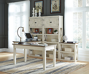 Whether your style is farmhouse fresh, shabby chic or country cottage, you'll find the Bolanburg desk works on so many levels. Two-tone, gently distressed finish of weathered oak over antique white doubles up on character that’s enhanced with a plank-effect top. Trio of smooth-gliding drawers provide handy storage.Made of veneers, wood and engineered wood | Two-tone finish (weathered oak over antique white) | Plank-style top | 3 smooth-gliding drawers | Black faceted hardware | Assembly required | Estimated Assembly Time: 15 Minutes