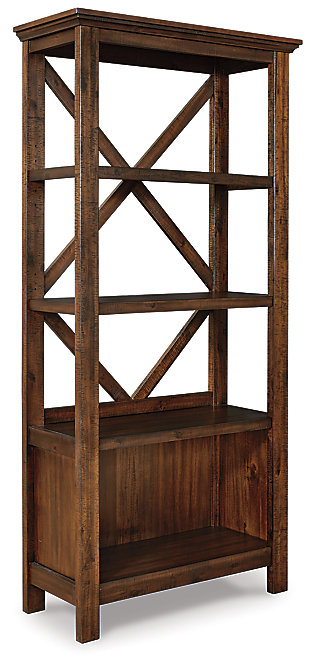 Leaning toward a casually cool look with a touch of rustic industrial flair? The Baldridge bookcase takes a fresh stance on style. Clean-lined profile with crossbuck back is complete with saw marks for distinctive character.Made of veneers, wood and engineered wood | Rustic, warm brown finish | Subtle saw mark distressing | 4 shelves; 2 of which are adjustable | Assembly required | Estimated Assembly Time: 45 Minutes