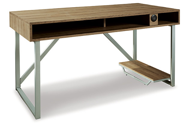 Elevate your style and up your game with the ultra-cool Barolli gaming desk. Clean and contemporary, this mixed media designer desk includes a metal frame in silvertone finish, topped with an engineered wood surface with replicated wood grain. Setting you up for success: a large open raceway for power cord management and an LED back light with multiple color options for an enhanced gaming experience. Along with a PC stand for easy access, this gaming desk features a dual USB charging port and storage cubby for headsets.Engineered wood top with replicated wood grain | Metal frame with silvertone finish | Open raceway for power cord management | LED back light with multiple color options (includes remote control) | PC stand | Dual USB charging port | Open storage cubby/storage cubby for headsets | Assembly required | Estimated Assembly Time: 30 Minutes