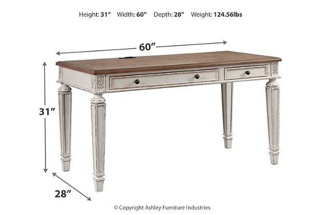 Elevating the art of traditional cottage styling, this designer desk is your heavenly home office realized. Antiqued two-tone aesthetic blends a chipped white with a distressed wood tone top for added charm. Framed drawer fronts, decorative corbels and elegantly turned and tapered legs add refinement, while dark bronze-tone knobs lend a classic touch.Made of wood, engineered wood and veneers, with cast resin components | Antiqued two-tone finish | 2 smooth-gliding drawers with dovetail construction | 1 drop-down drawer front | Dark bronze-tone finished metal hardware | Includes AC power supply | USB Charging | Assembly required | Estimated Assembly Time: 15 Minutes