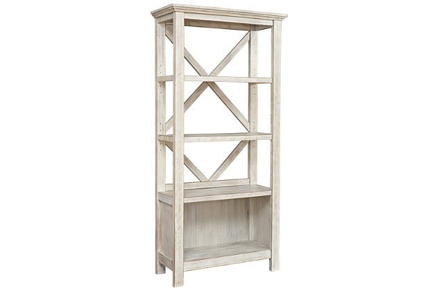 Looking for a fresh approach to modern farmhouse living? The Carynhurst bookcase works on so many levels. Clean-lined profile with crossbuck back never goes out of fashion. Whitewash finish is a mastery in subtle sophistication.Made of pine veneers, pine wood and engineered wood | Distressed whitewash finish | 4 shelves; 2 of which are adjustable | Assembly required | Estimated Assembly Time: 45 Minutes