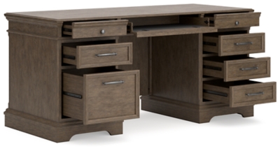 The Janismore Weathered Gray Desk With 2 Bookcase Wall Units is