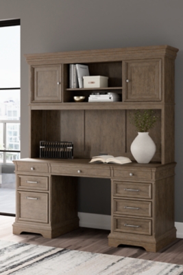 The Janismore Weathered Gray Home Office Storage Leg Desk is available at  Discount Furniture Center proudly serving South Hill and Farmville, VA and  surrounding areas!