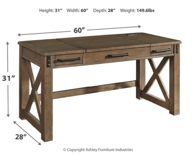 Crafted with pine veneers and wood treated to a distressed gray finish, the Aldwin lift top desk is rustic farmhouse living at its best. Crossbuck styling adds striking flair, while metal industrial brackets incorporate an industrial twist. Elevating the functionality of this lift top desk all the more: two smooth-gliding drawers and conveniently placed AC power/USB plug-ins.Made of pine veneers, pine wood and engineered wood | Distressed gray finish | Metal bracket accents | 2 smooth-gliding drawers with dovetail construction | 2 electrical outlets and 2 USB charging ports | Power cord included; UL Listed | Spring lift top | Assembly required | Estimated Assembly Time: 30 Minutes