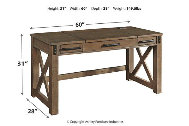 Crafted with pine veneers and wood treated to a distressed gray finish, the Aldwin lift top desk is rustic farmhouse living at its best. Crossbuck styling adds striking flair, while metal industrial brackets incorporate an industrial twist. Elevating the functionality of this lift top desk all the more: two smooth-gliding drawers and conveniently placed AC power/USB plug-ins.Made of pine veneers, pine wood and engineered wood | Distressed gray finish | Metal bracket accents | 2 smooth-gliding drawers with dovetail construction | 2 electrical outlets and 2 USB charging ports | Power cord included; UL Listed | Spring lift top | Assembly required | Estimated Assembly Time: 30 Minutes