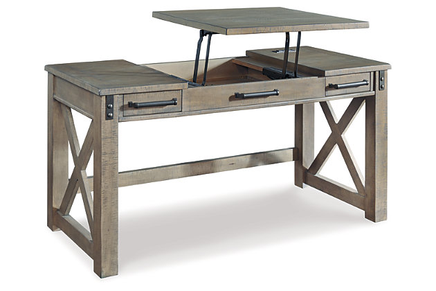 Crafted with pine veneers and wood treated to a distressed gray finish, the Aldwin lift top desk is rustic farmhouse living at its best. Crossbuck styling adds striking flair, while metal industrial brackets incorporate an industrial twist. Elevating the functionality of this lift top desk all the more: two smooth-gliding drawers and conveniently placed AC power/USB plug-ins.Made of pine veneers, pine wood and engineered wood | Distressed gray finish | Metal bracket accents | 2 smooth-gliding drawers with dovetail construction | 2 electrical outlets and 2 USB charging ports | Power cord included; UL Listed | Spring lift top | Assembly required | Estimated Assembly Time: 30 Minutes