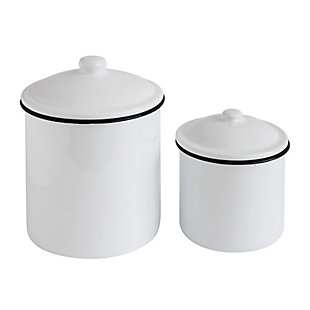 6" Round X 7-3/4"h And 4-3/4" Round X 6"h Enameled Containers With Lids, White With Black Rim, Set Of 2, , rollover