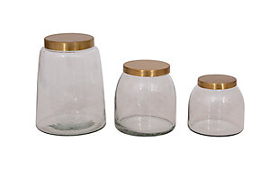 4-3/4" Round X 6"h, 4" Round X 4-1/2"h And 3-3/4" Round X 3-3/4"h Glass Jars With Brass Finish Lid, Set Of 3, , large